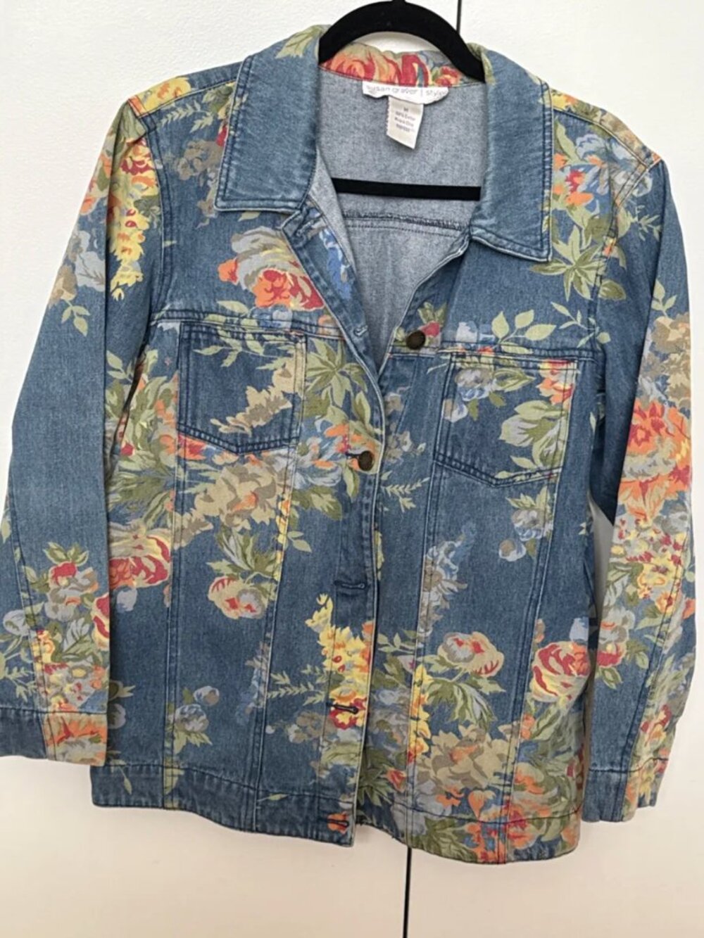 Susan Graver Floral Print Denim Jacket 100% Cotton Women's M